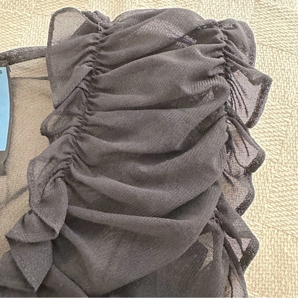 Very cute sheer black sleeveless ruffle shirt with lace up front! Size M - Picture 5 of 8